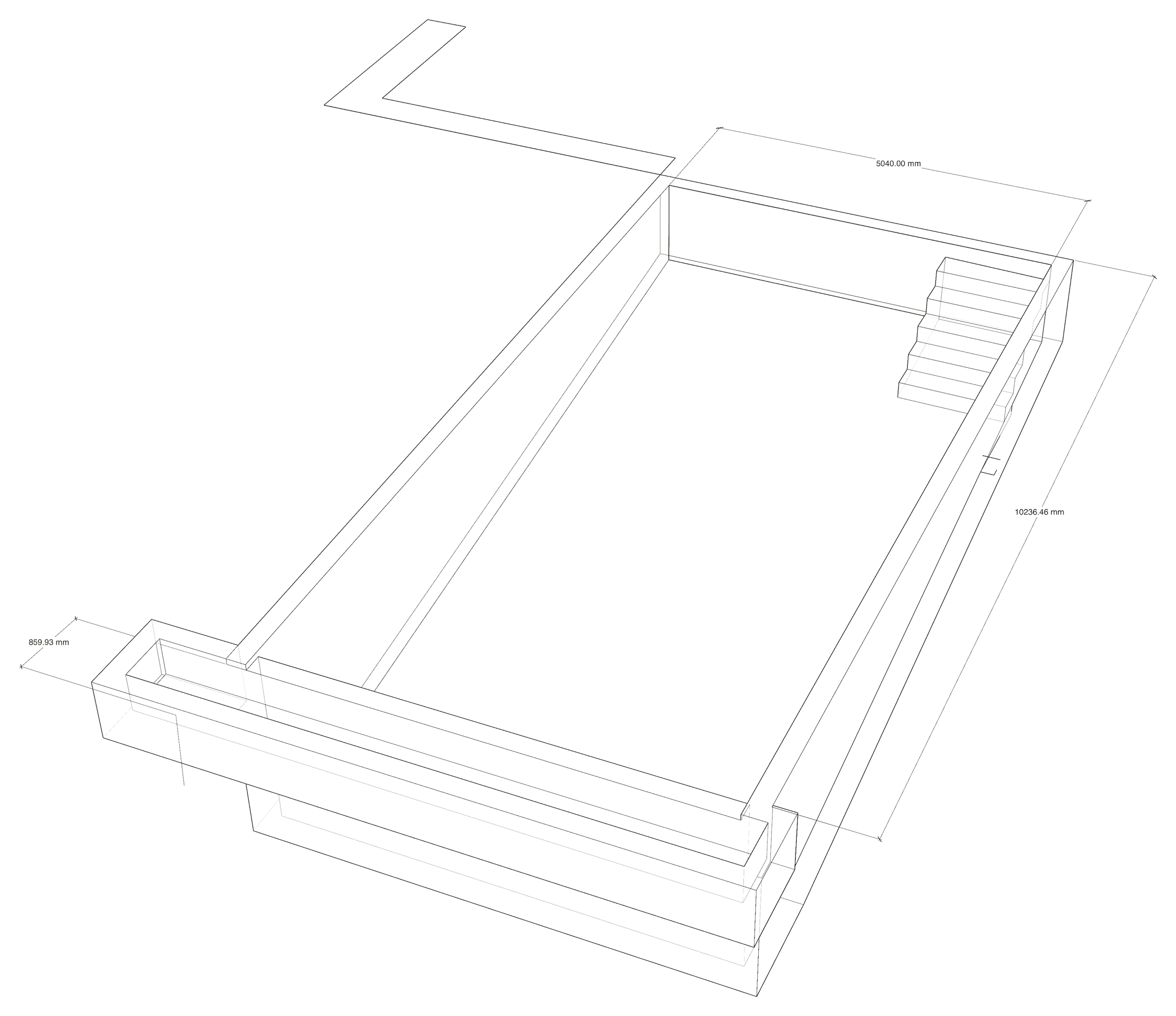 A wireframe 3D model of a staircase and a platform with measurements, shown in black background.