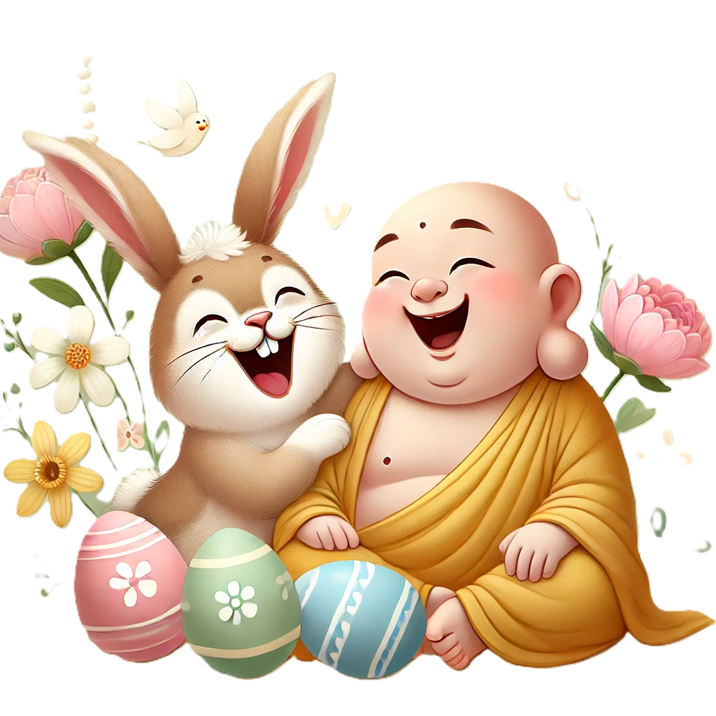 Ein lachender, Osterhase mit Happy Buddha