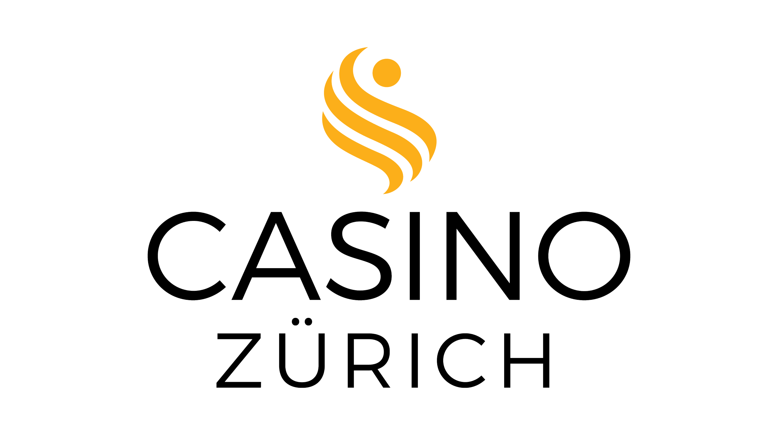Logo des Casinos Zürich mit goldener spiralförmiger Figur und schwarzen Worten auf weissem Hintergrund.