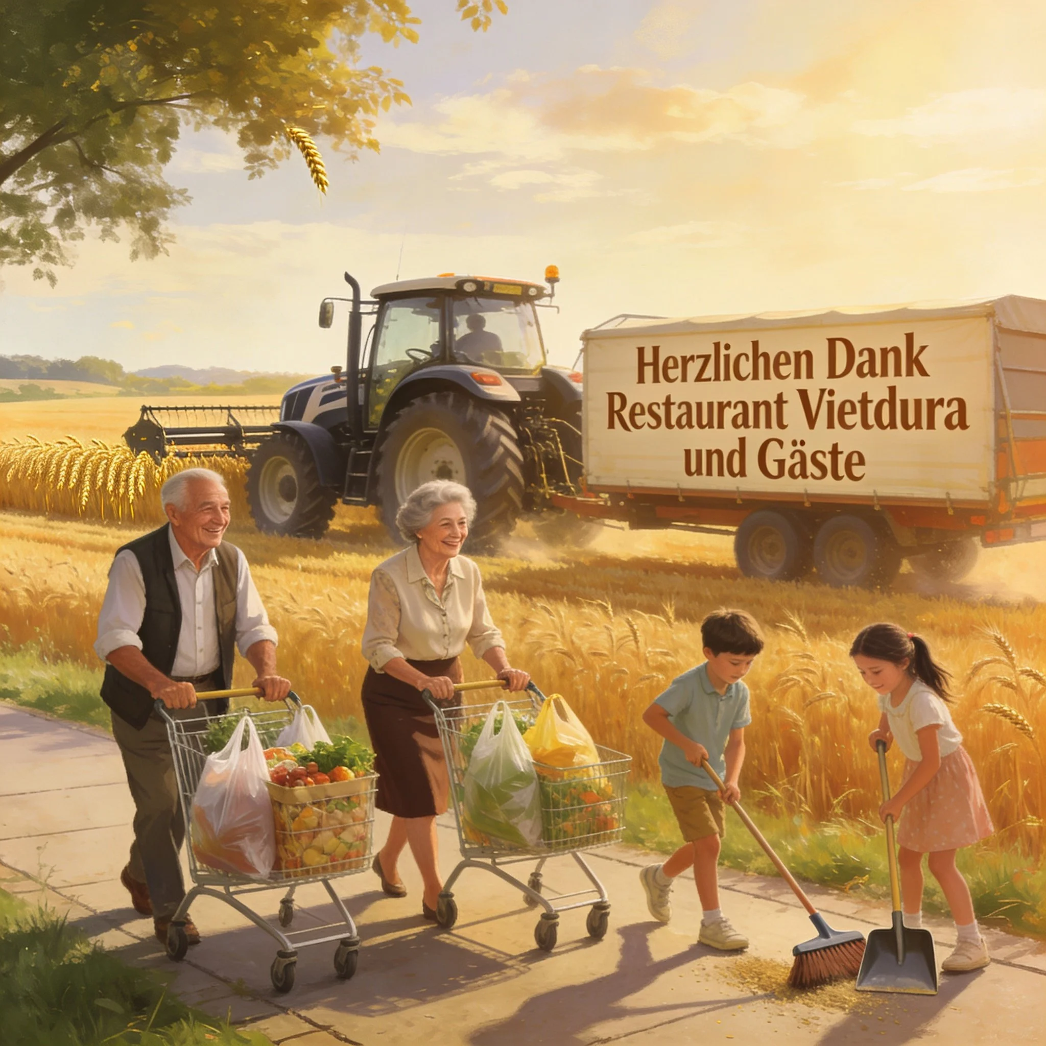 Älteres Paar glücklich, dank vollem Einkaufswagen. Kinder glücklich dank führsorge und Aufgabe. Klein-Bauer glücklich, alle dank Der Trinkgeldspende vom Restaurant Vietdura.