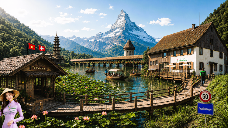 Illustration, kein Foto des Restaurants: vietnamesische Motive vor Schweizer Bergkulisse, als Sinnbild für die Verbindung von vietnamesischer Küche und Schweizer Zutaten.