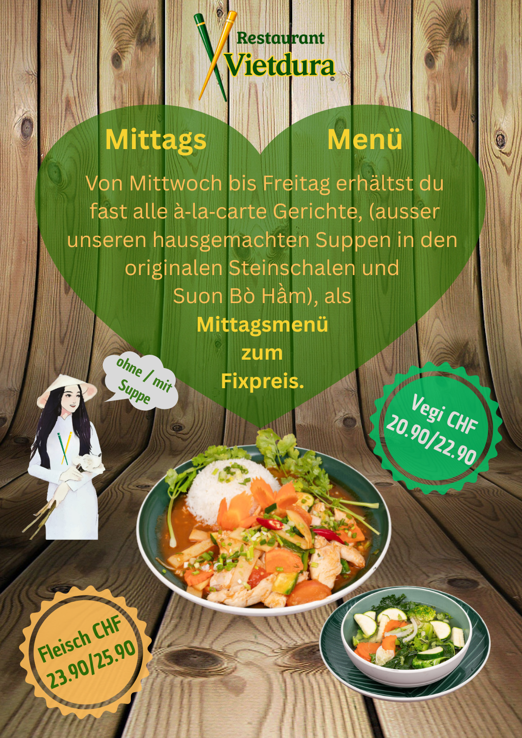 Mittagsmenü Restaurant Vietdura, Tagelswangen, Fast alle Menüs zum Fixpreis. Take-Away Option per WhatsApp, jetzt Tisch reservieren.