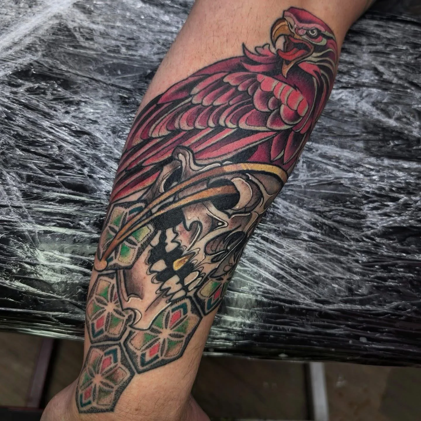 Colourful bird skull piece by our @shaunboytattoo dm to book in or enquire. #tattoo #skulltattoo #bi̇rdtattoo #colourtattoo #troontattoo