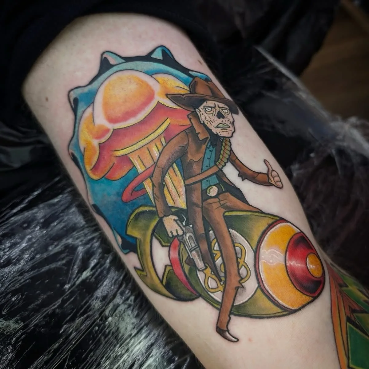 Fallout tattoo by our Shaun, Shaun is taking bookings for April and May 
#fallout #fallouttattoo #tattoo #colourtattoo