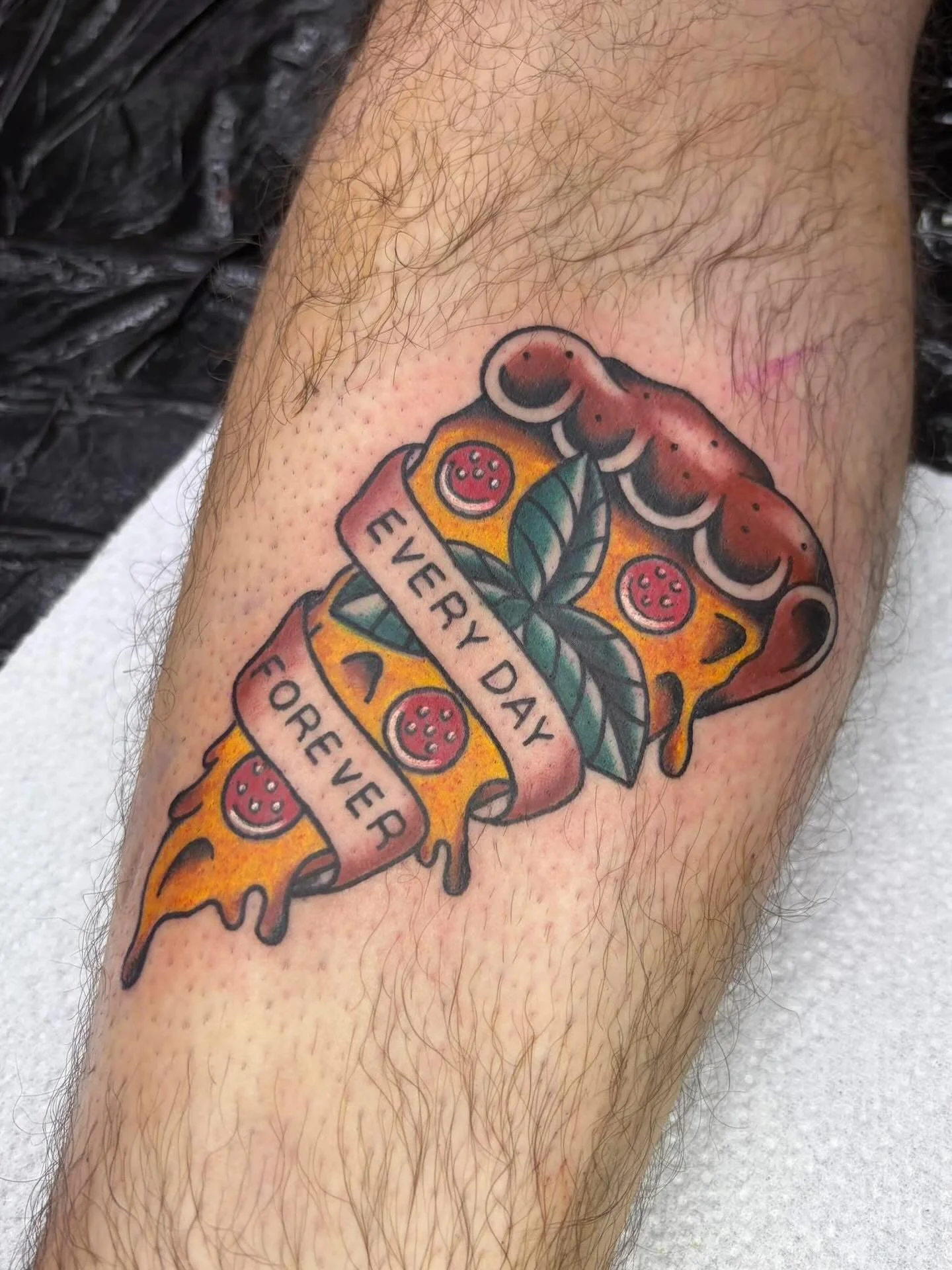 Very cool pizza tattoo by @emilybennetttattoo #pizza #pizzatattoo #tradtattoos #traditionaltattoo