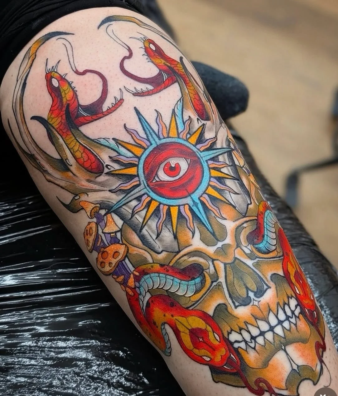 Shin tattoo completed by @shaunboytattoo82 dm him if you&rsquo;d like to book in for something big and colourful