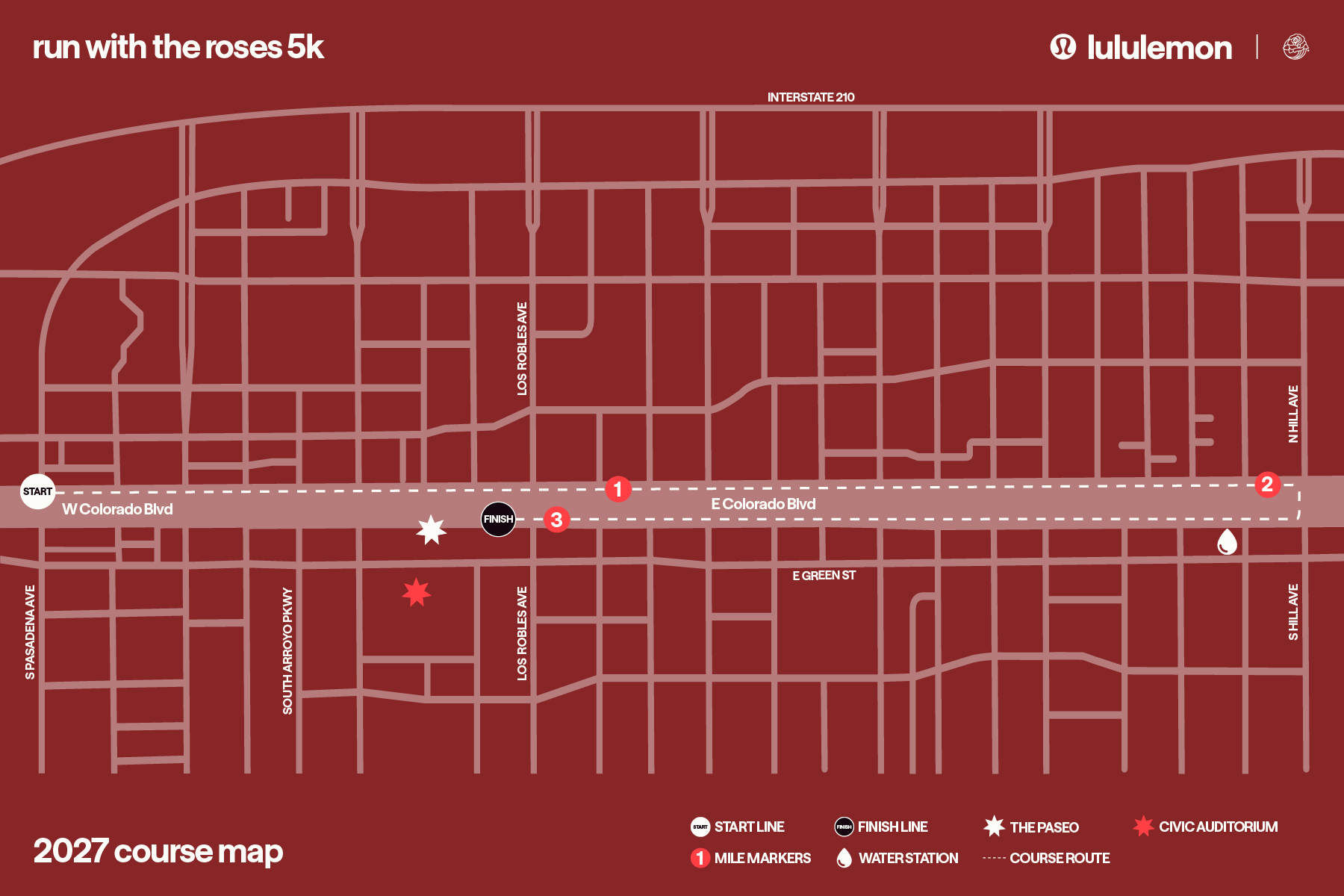 The 2027 lululemon Run with the Roses 5K course map.
