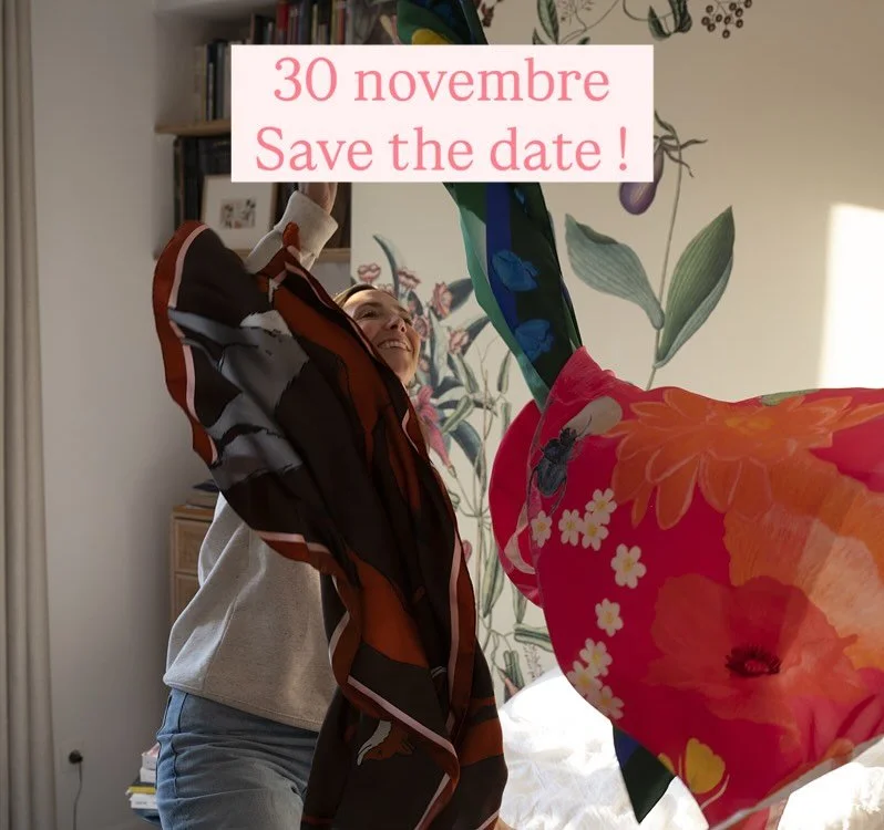 🥂Mes foulards sont en production, je les attends impatiemment et je r&ecirc;ve de vous les pr&eacute;senter ! Alors si vous avez envie des les voir, les toucher, les essayer : r&eacute;server votre dimanche 30 novembre pour venir passer un moment &a