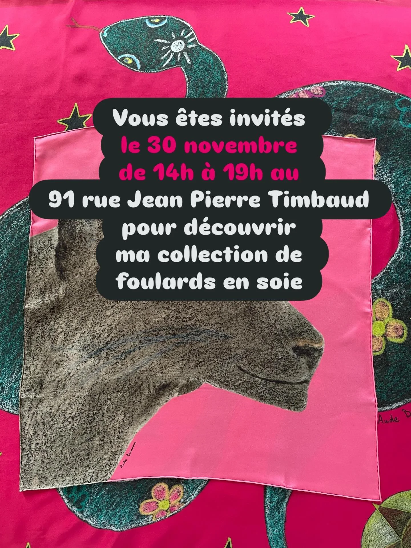 Dimanche prochain retrouvez moi &agrave; l&rsquo;atelier autour d&rsquo;un verre pour d&eacute;couvrir en avant premi&egrave;re ma collection de foulards en soie !

⛱️C&rsquo;est au Onzi&egrave;me lieu, 91 bis rue Jean Pierre Timbaud, Paris 11
🕰️De 