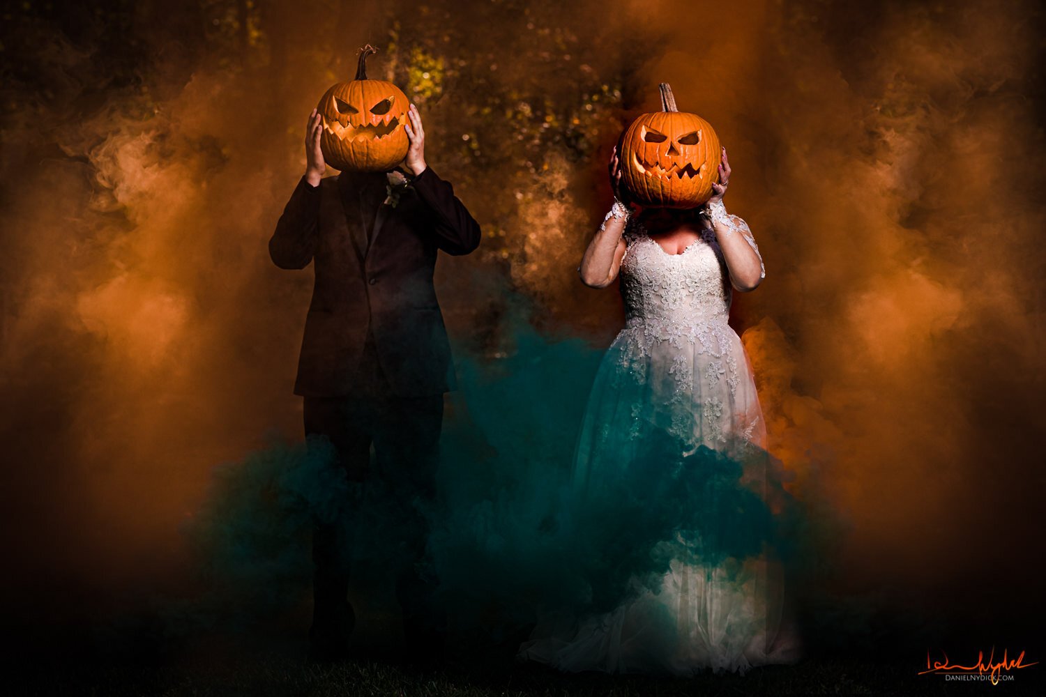 epic smoke bomb pumpkin portrait at nj halloween wedding fearles