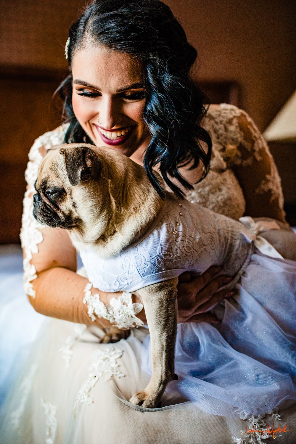  smiling Nj goth bride with pug haloween wedding