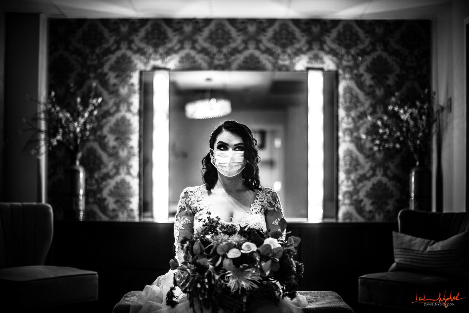 nj goth bride black and white with covid mask halloween wedding