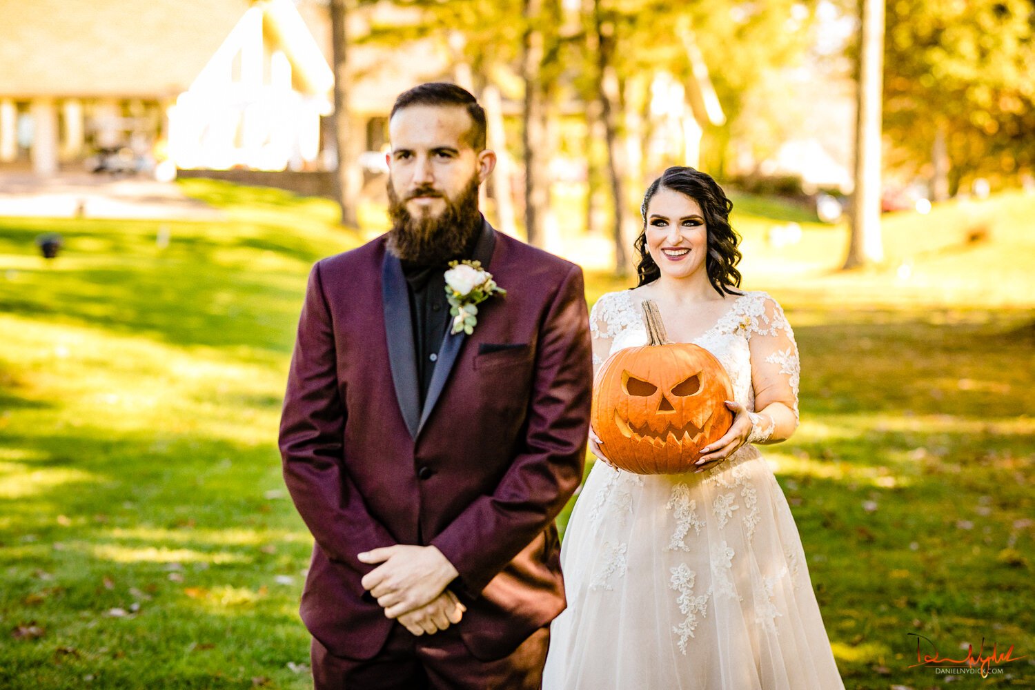nj halloween wedding goth bride  first look with pumpkin