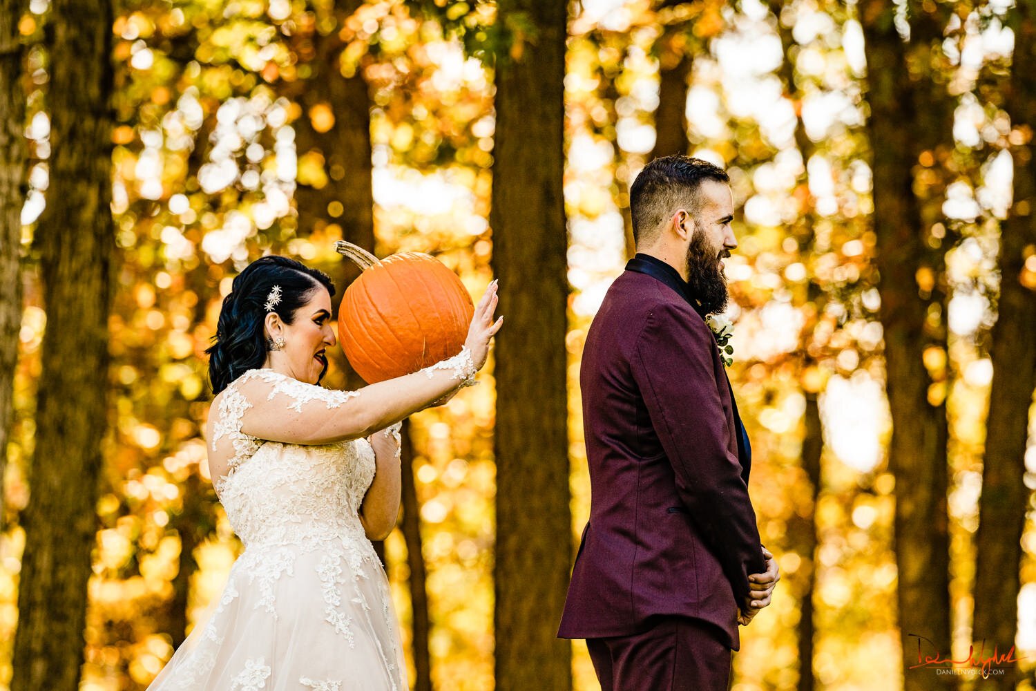 nj halloween wedding goth bride  first look with pumpkin