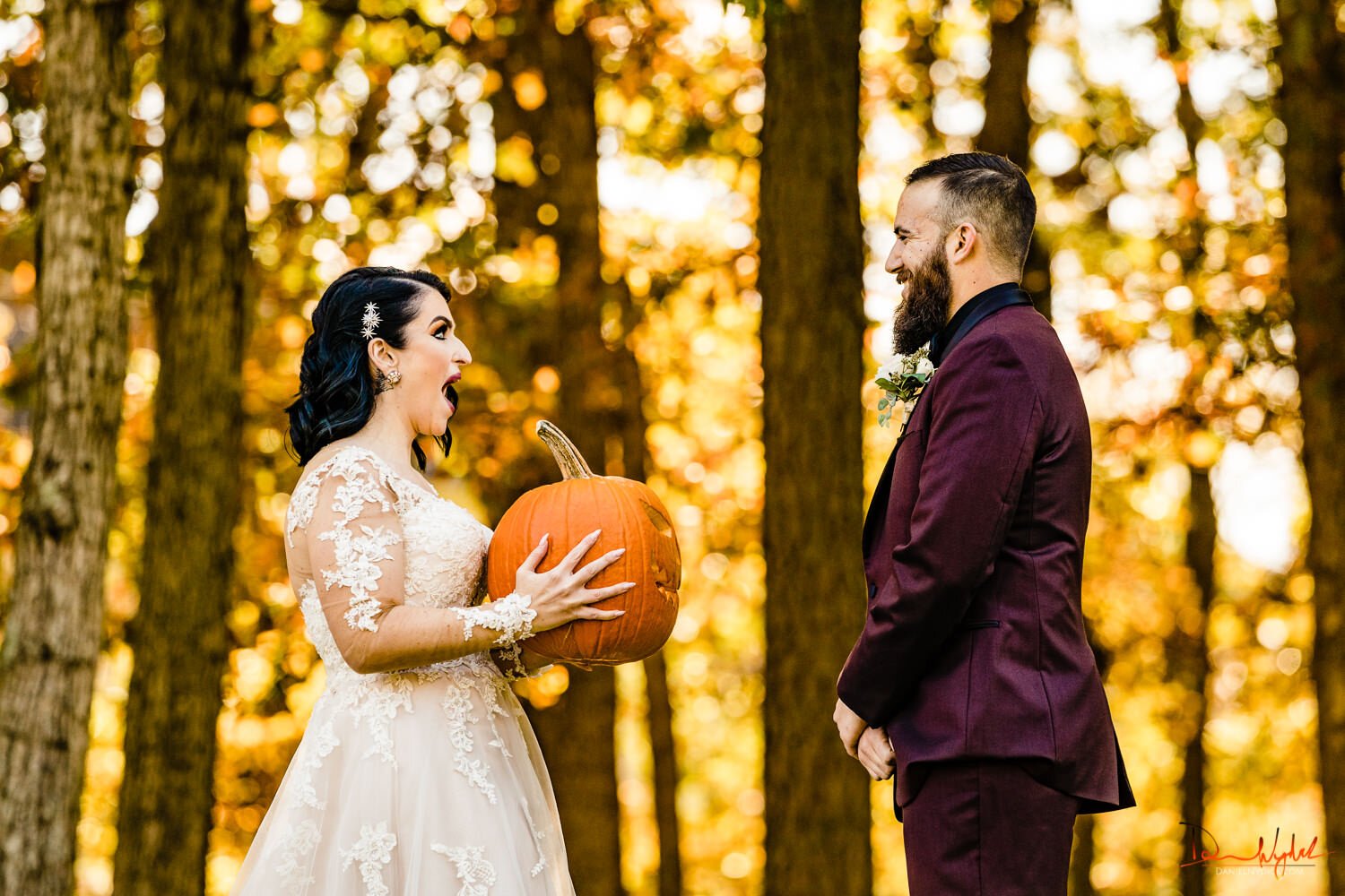 nj halloween wedding surprised goth bride  first look with pumpk