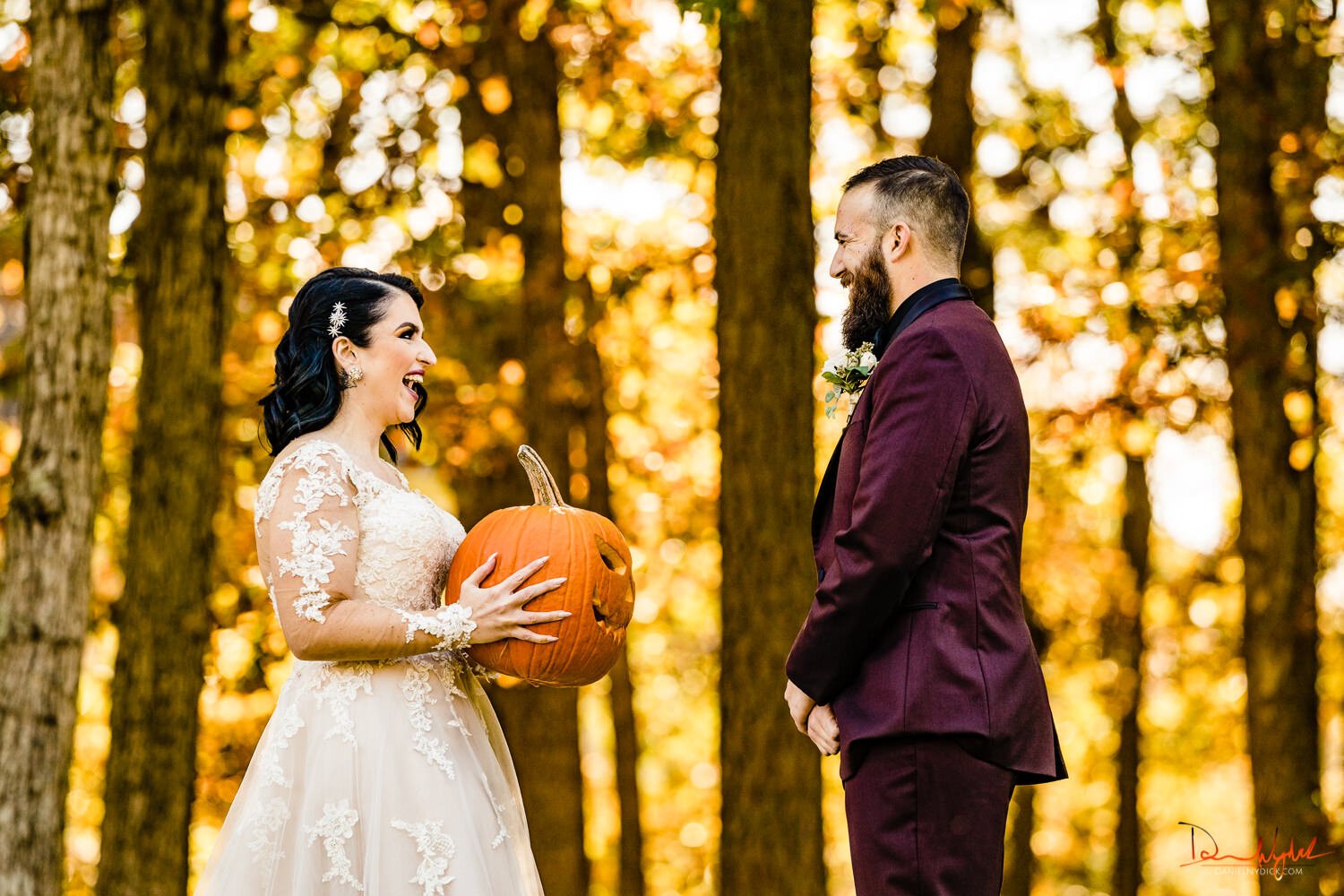 nj halloween wedding laughing goth bride  first look with pumpki
