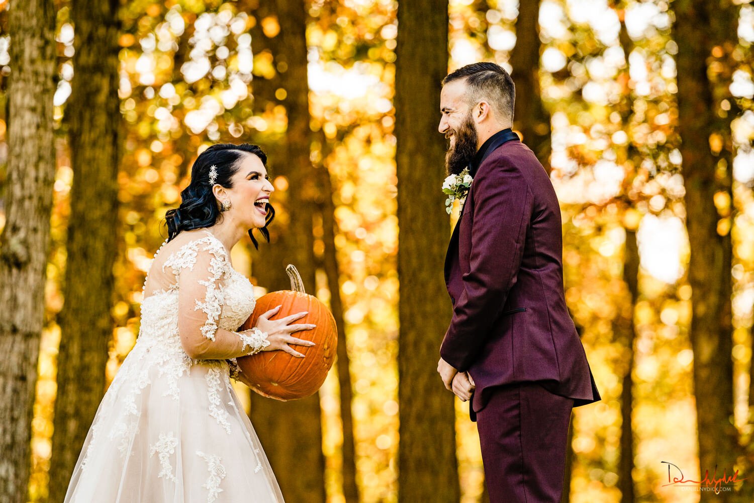 nj halloween wedding goth bride and groom laughing first look wi