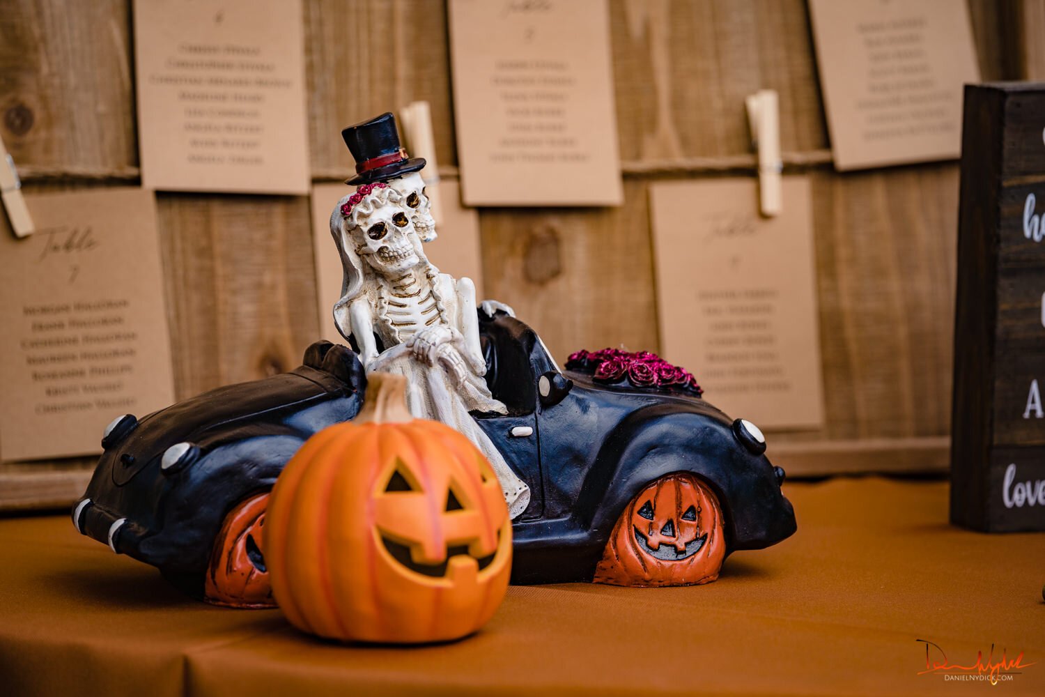 skeletons in a car at nj halloween wedding