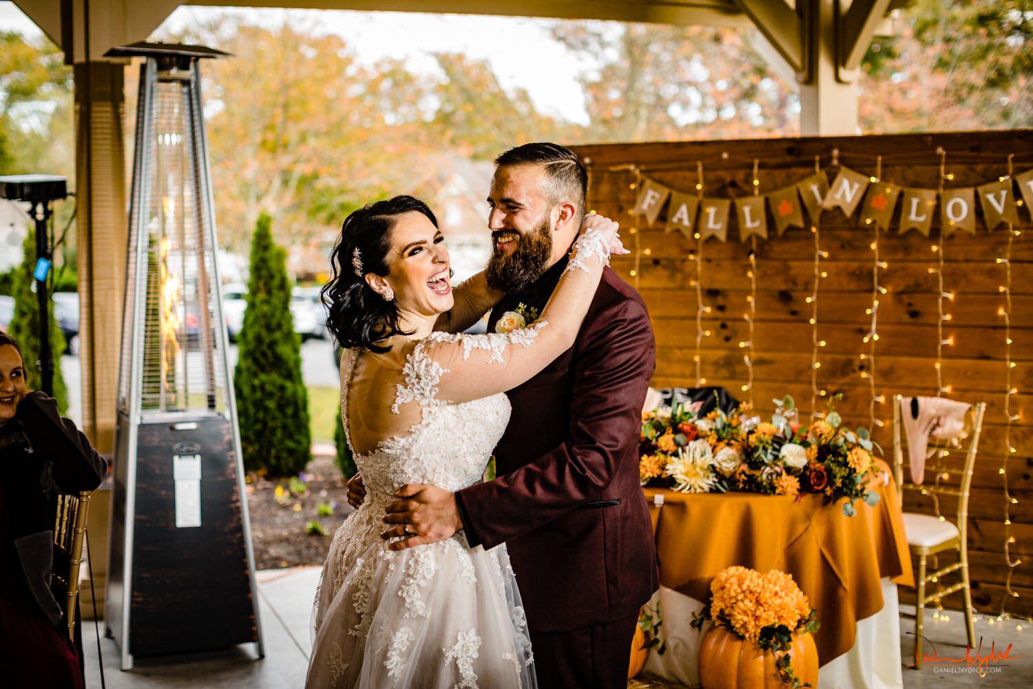 bride and groom laughing during first dance at nj halloween wedd