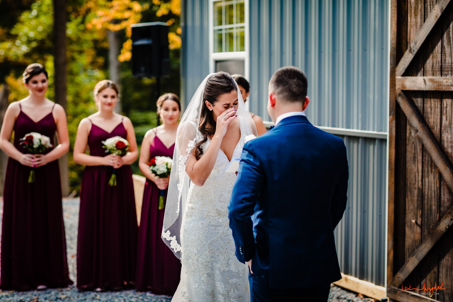 bride crying at rustic nj barn wedding