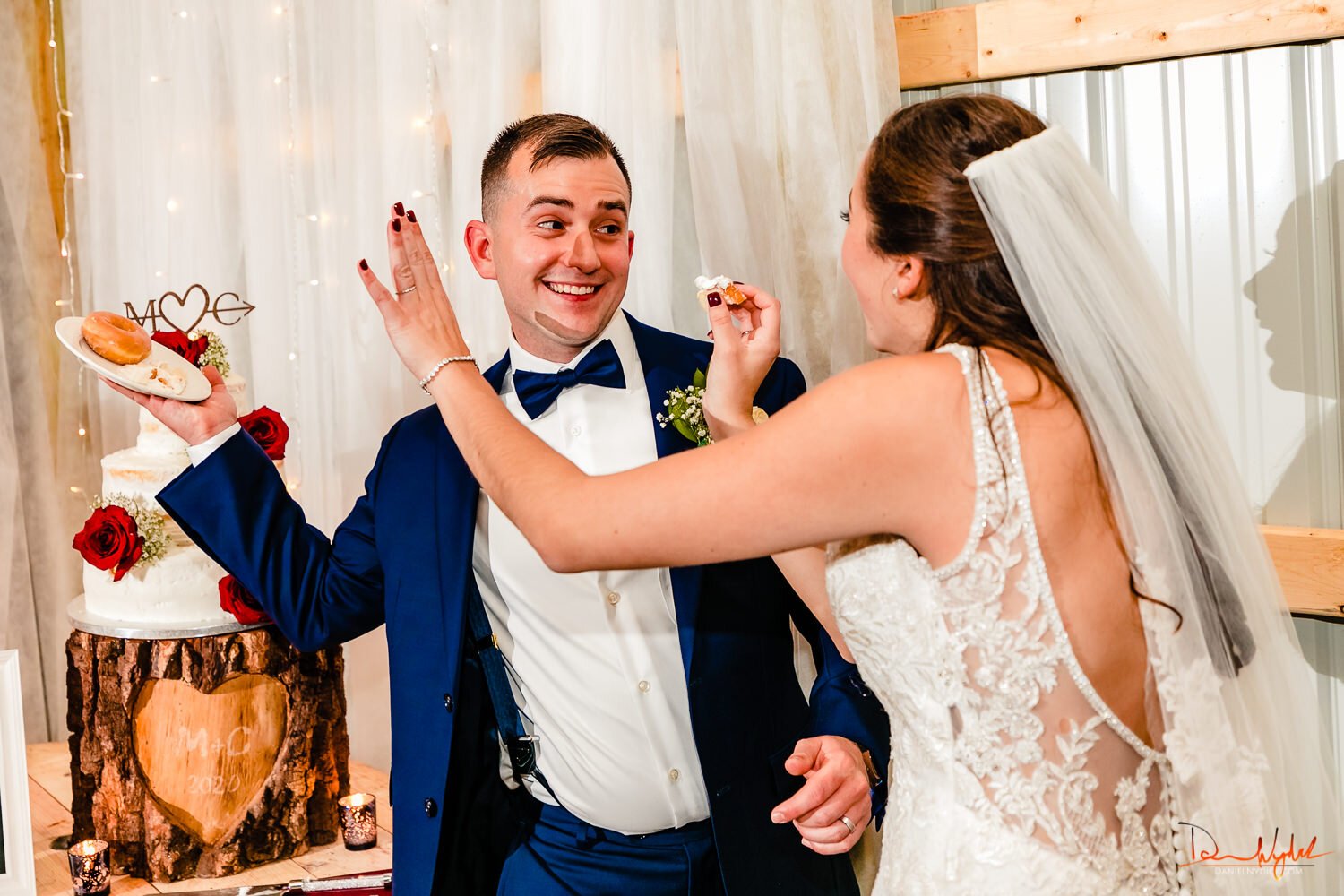 groom throwing donut at bride fearless