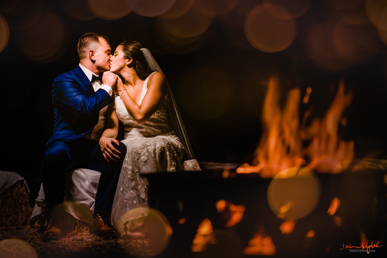 fireside wedding portrait by firepit bokeh nightime nj wedding