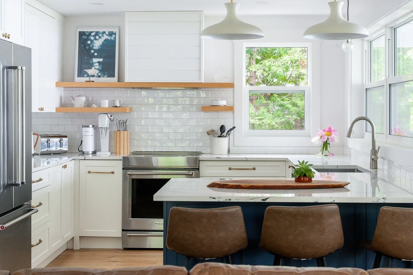 Project Corn Cob’s kitchen. It took a lot to get it up front, facing the lake but all the effort was worth it. We dramatically altered the cottage layout, put in new windows to connect the kitchen to the amazing porch and  provided all the func