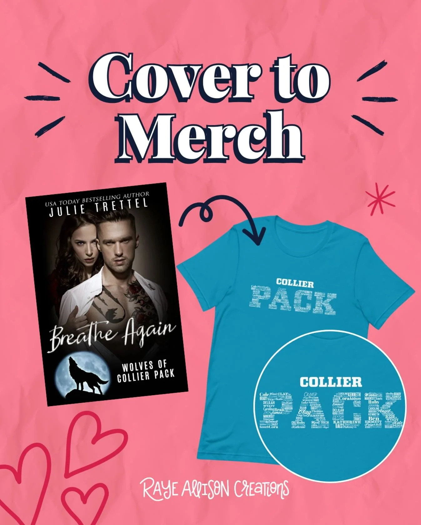 One of the more recent designs I have done for @authorjulietrettel. She has a series centered around the Collier Pack so I did a simple text design but filled the letters of PACK with the names of the pack members. A fun way to highlight all the char