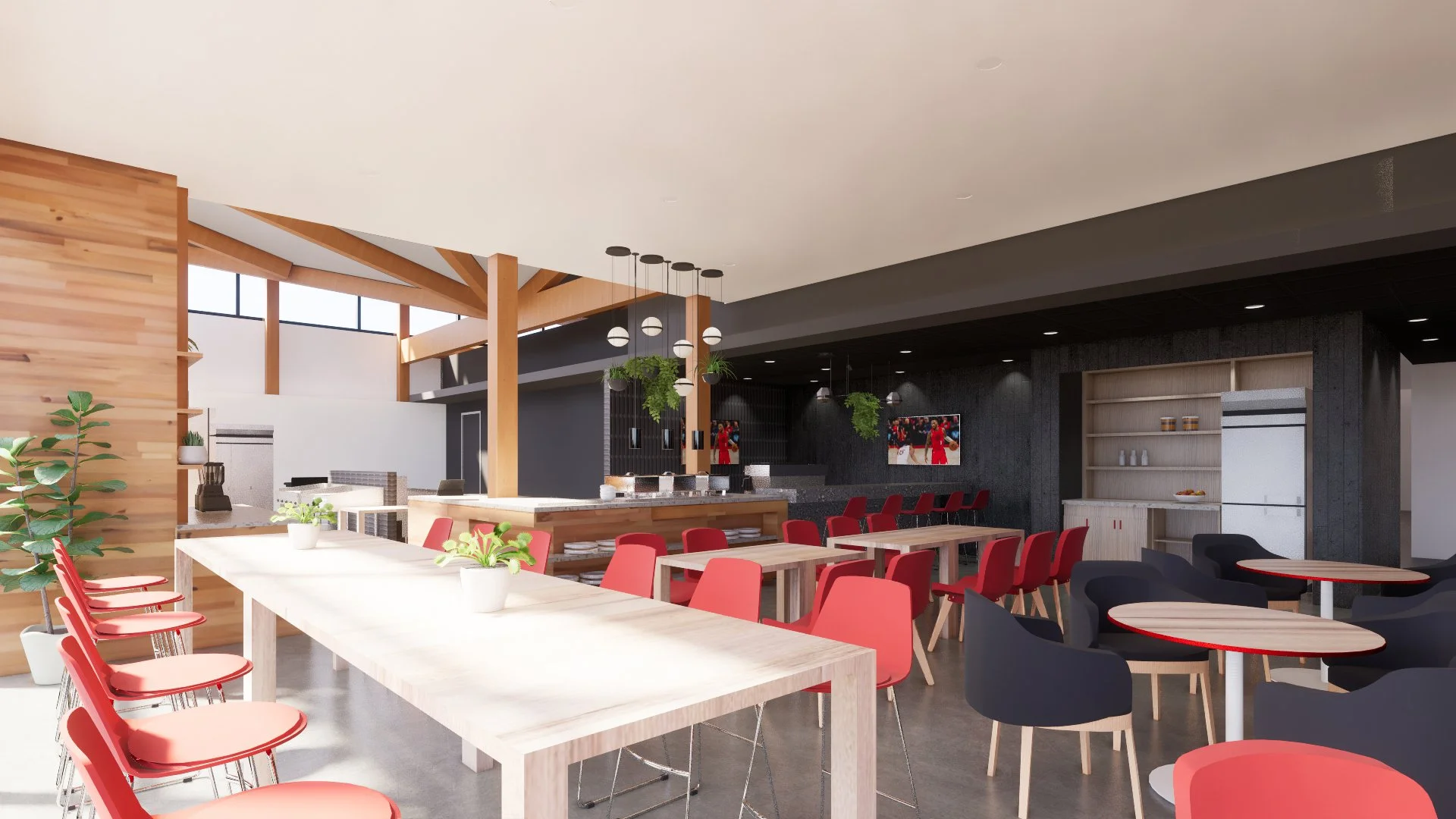 Sports teams need excitement! We established this high contrast aesthetic to provide a big punch to the Blazers dining room. Opportunities to integrate live plants into the space was a huge priority for the new kitchen Chef. Done and done!