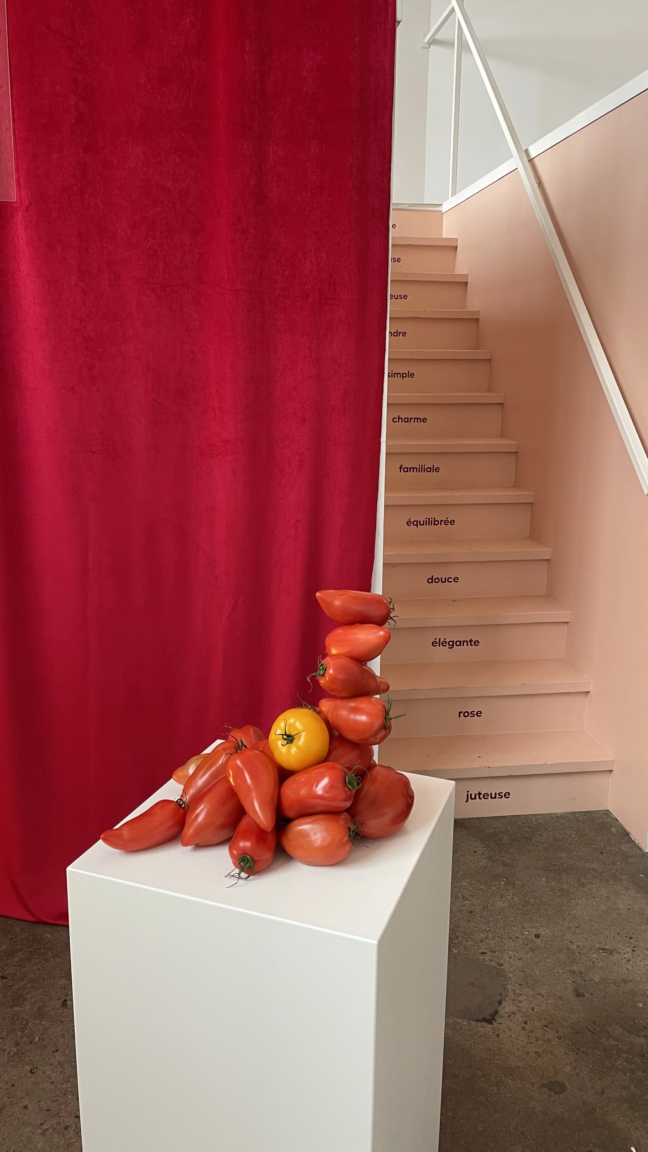 Un arrangement de tomates de différentes variétés sur un piédestal blanc. En arrière-plan, un mur rose avec un escalier et un rideau rouge, avec des mots indiquant différentes qualités ou émotions en français écrits sur les marches.