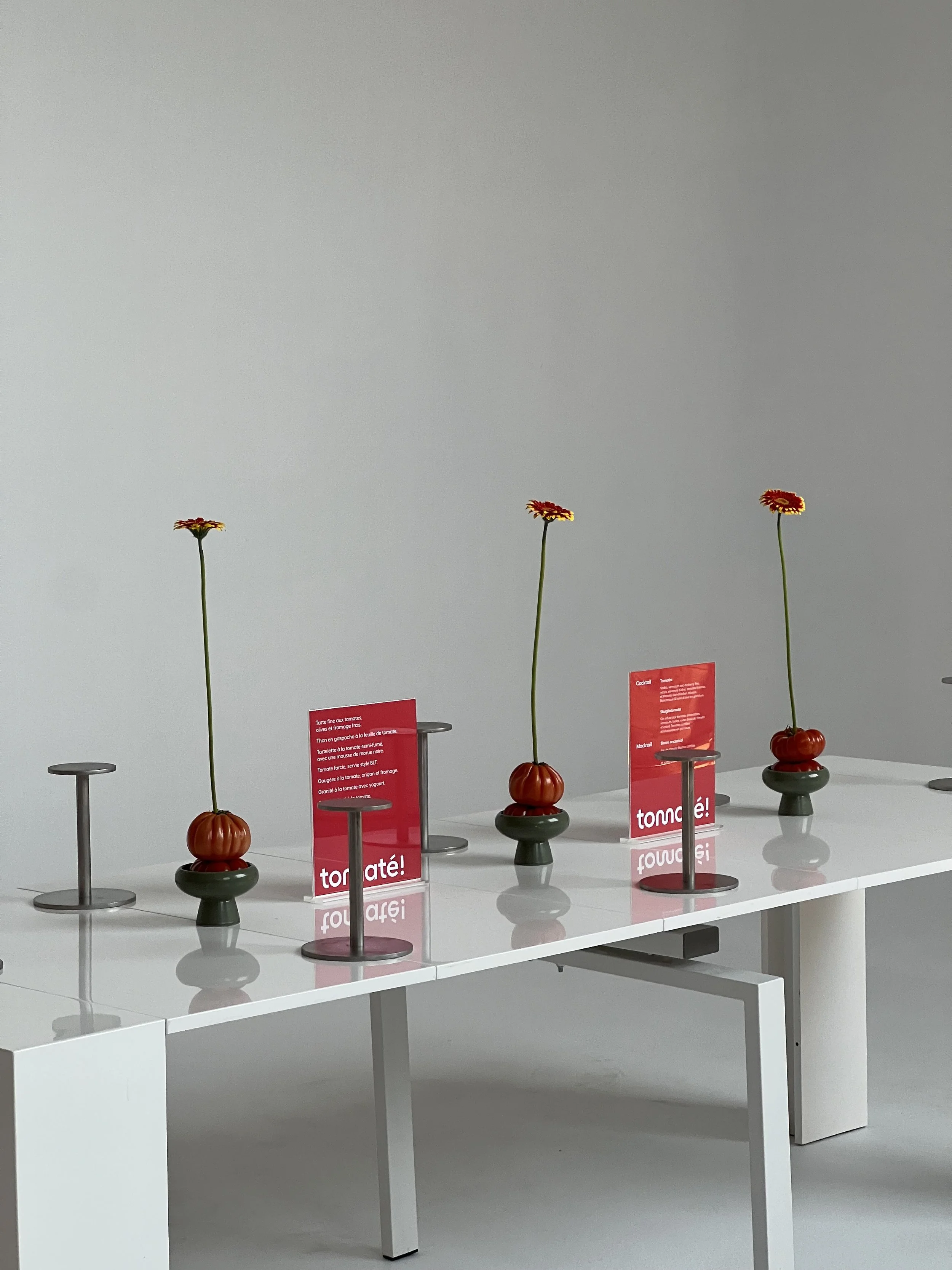 Exposition avec plusieurs petites sculptures de tomates sculptées sur des supports ovales, accompagnées de panneaux explicatifs en français et en anglais, dans un espace d'exposition moderne et minimaliste.