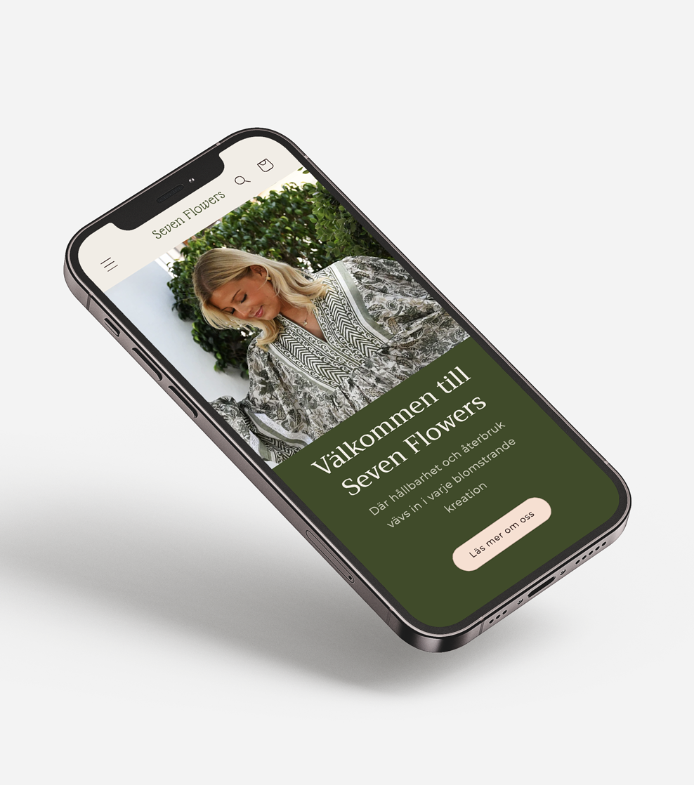 An image of a floating iphone showing the website Seven Flowers