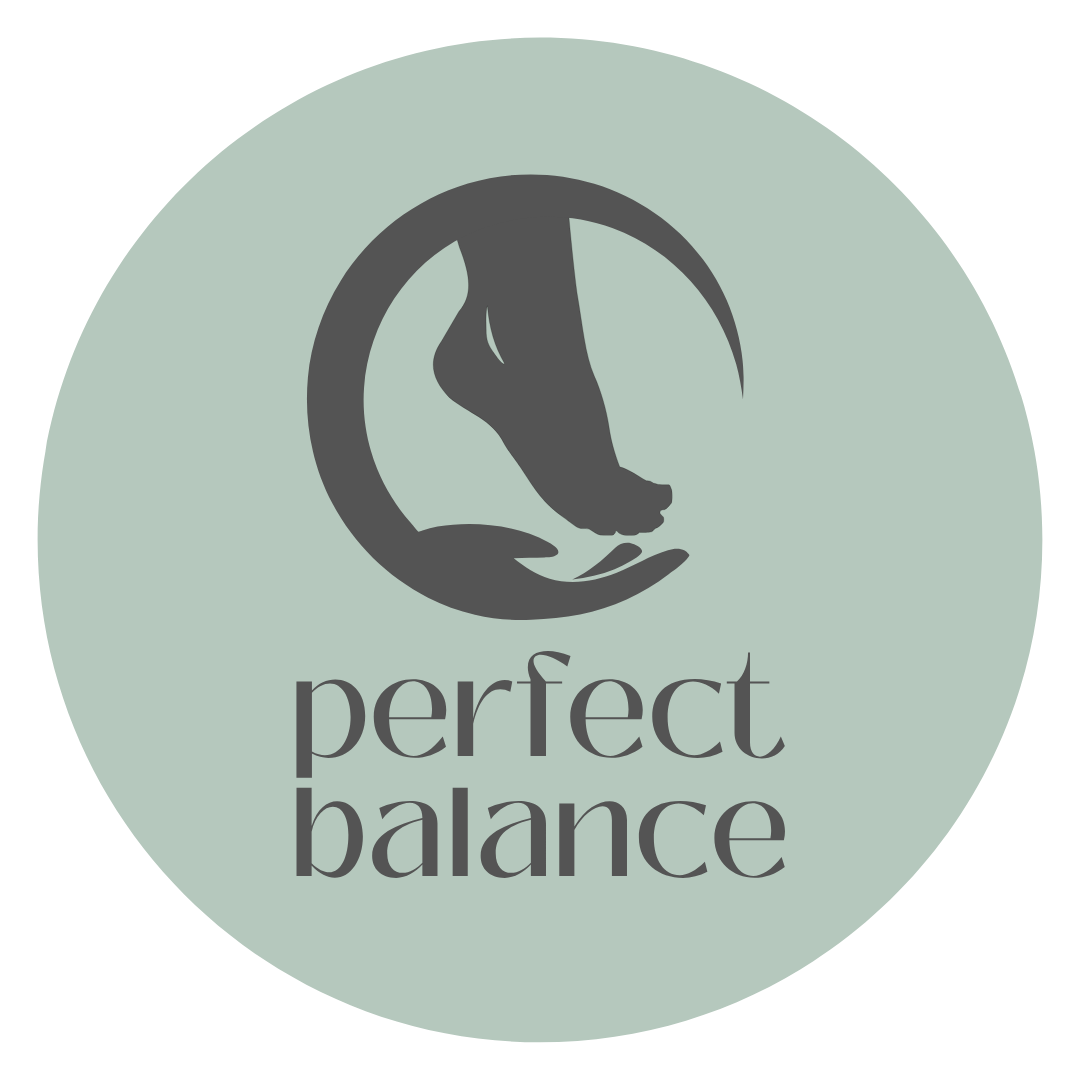 Logo with a silhouette of a person doing a handstand inside a circle and the words "perfect balance" below.