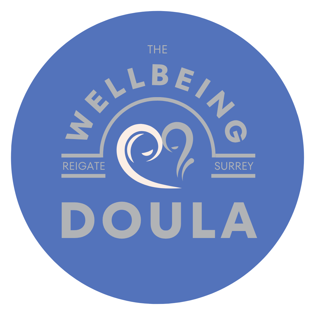 Blue circular logo with the words "The Wellenberg Doulas" and "Reigate" and "Surrey" surrounding a stylized wave design, with "Doulas" written at the bottom.