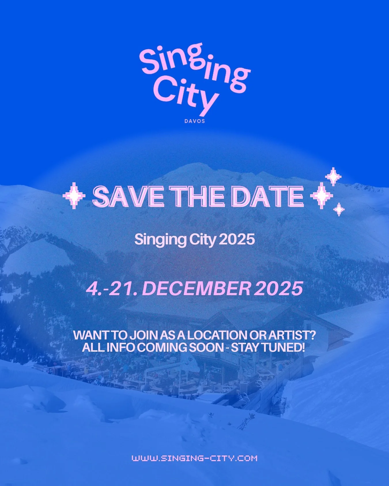 ❄️The winter wonderland is calling&hellip;❄️
Singing City 2025 🎶

📅 Save the Date: 04.-21. December 2025

Want to join as a location or artist? No worries - all info is coming soon. 
✨Stay tuned and mark the dates in your calendar!

#singingcity #d