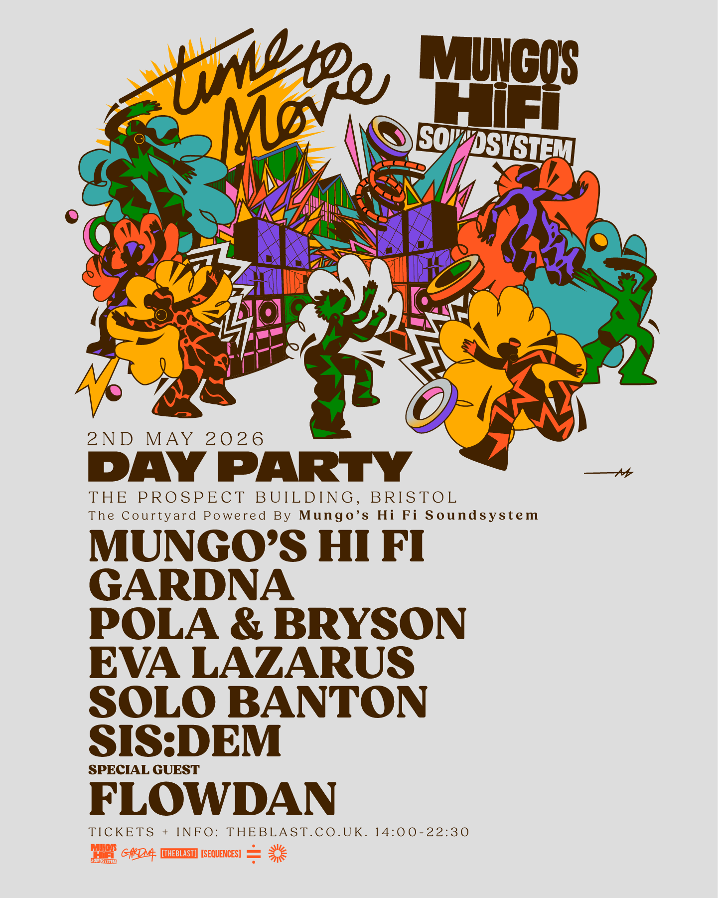 Colorful, abstract illustration of dancers and speakers promoting a day party event on May 2, 2026, at The Prospect Building, Bristol, organized by Mungo's Hi Fi Sound System, featuring artists Mungo's Hi Fi, Gardna, and Eva Lazarus.