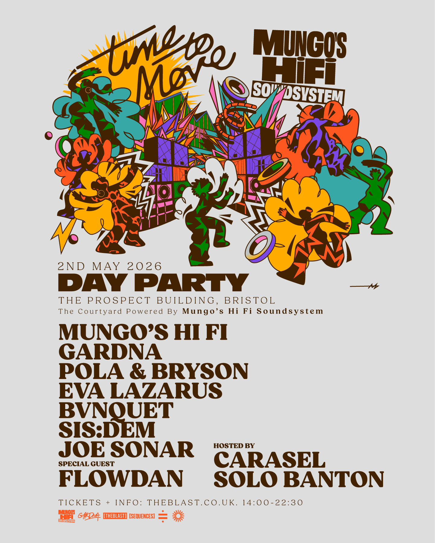 Colorful, abstract illustration of dancers and speakers promoting a day party event on May 2, 2026, at The Prospect Building, Bristol, organized by Mungo's Hi Fi Sound System, featuring artists Mungo's Hi Fi, Gardna, and Eva Lazarus.