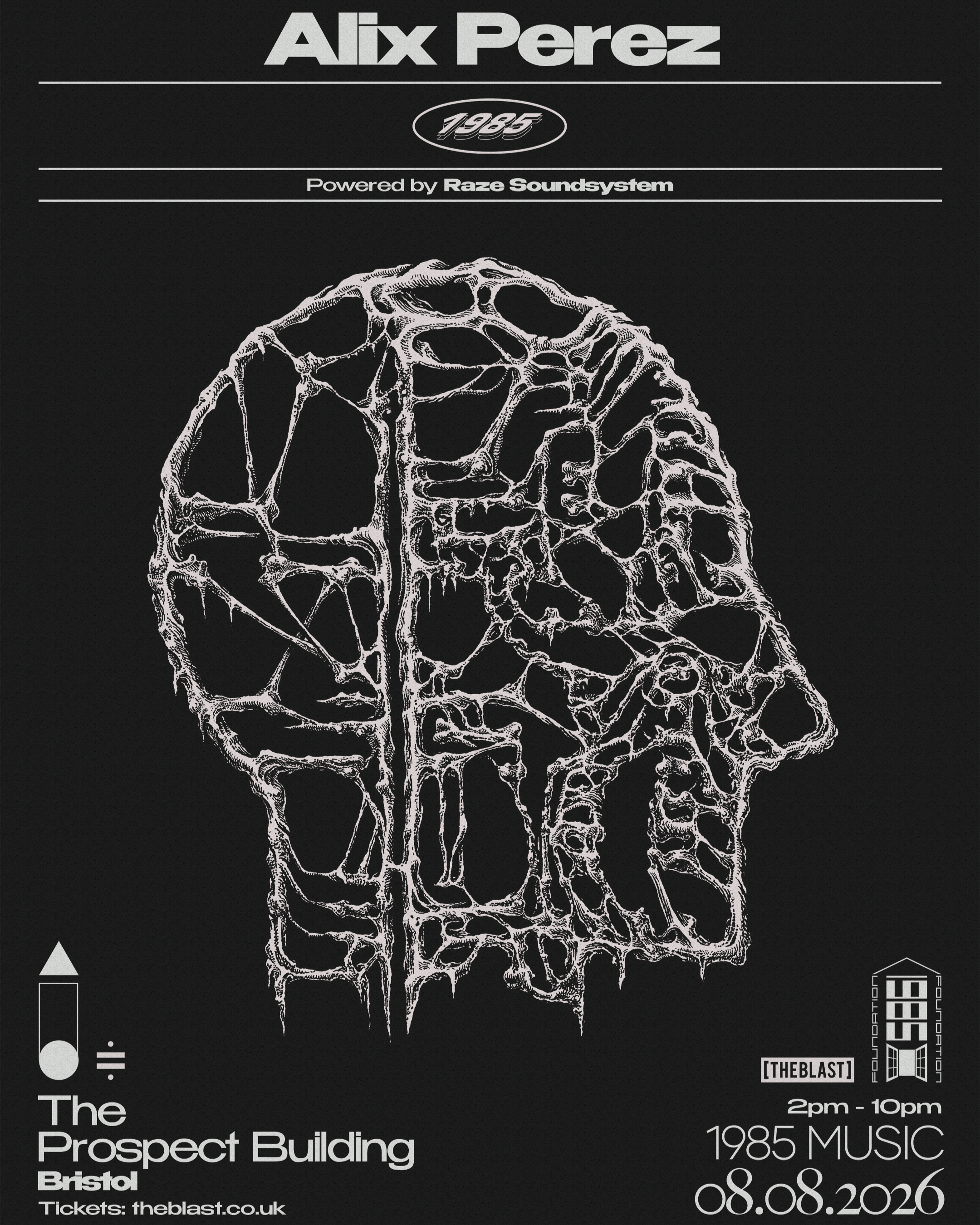 Black and white promotional poster for a music event featuring the year 1935, in Bristol on August 8, 2026, with the label 'TheBlast'.