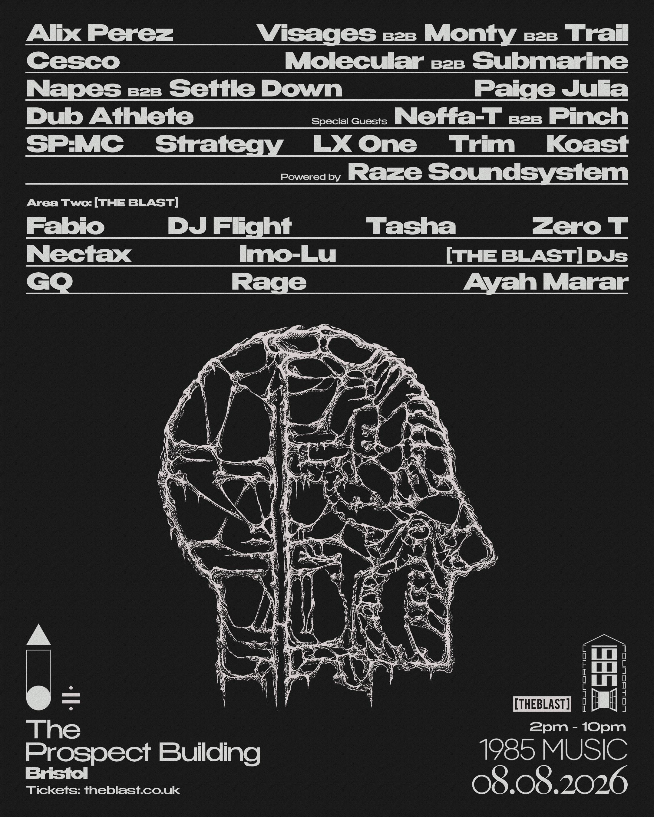 Black and white promotional poster for a music event featuring the year 1935, in Bristol on August 8, 2026, with the label 'TheBlast'.