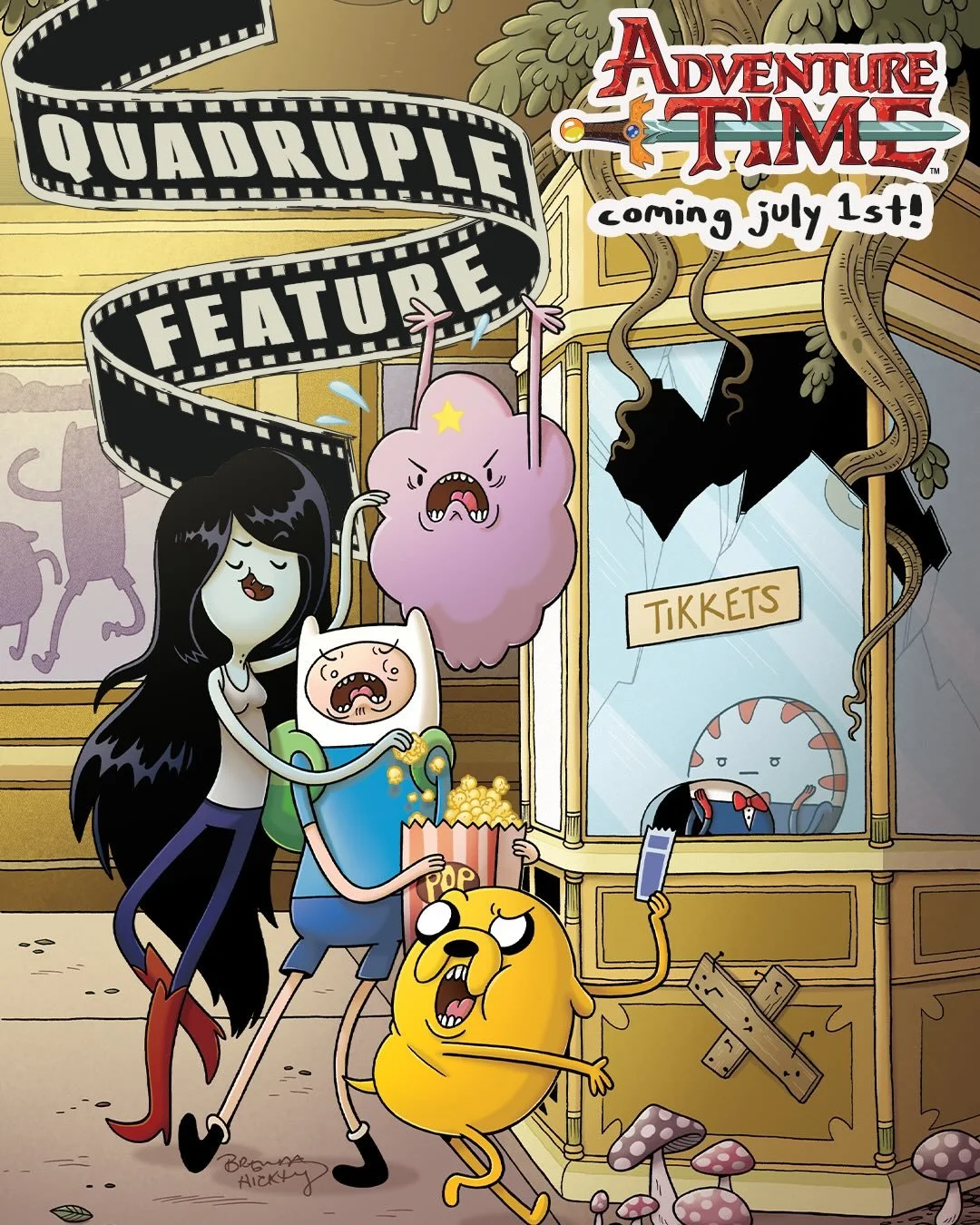 🎞️ADVENTURE TIME QUADRUPLE FEATURE #1🎞️

On-sale July 1st!

Jake, Marceline, BMO, and Lumpy Space Princess arrive at their local movie theater with four very different ideas of what to watch. What&rsquo;s a stretchy dog, a vampire queen, a princess