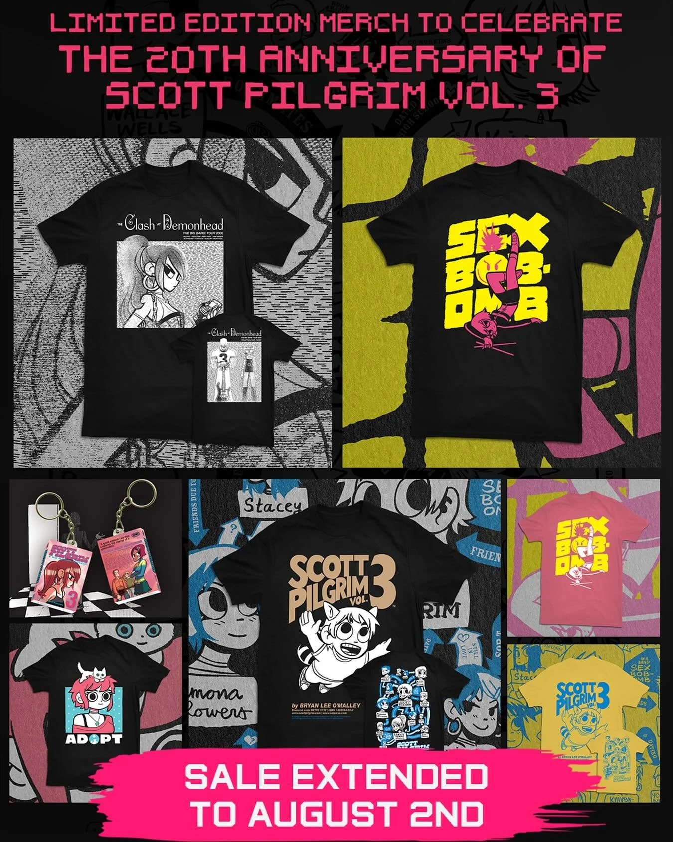 ⚡️SALE EXTENDED!⚡️

👾SCOTT PILGRIM &amp; THE INFINITE SADNESS 20th ANNIVERSARY MERCH COLLECTION👾is now available for pre-order on Onipress.com until 8/2!

‼️ A limited selection of shirts and merch WILL BE AVAILABLE FOR PURCHASE AT SDCC 2026 while 
