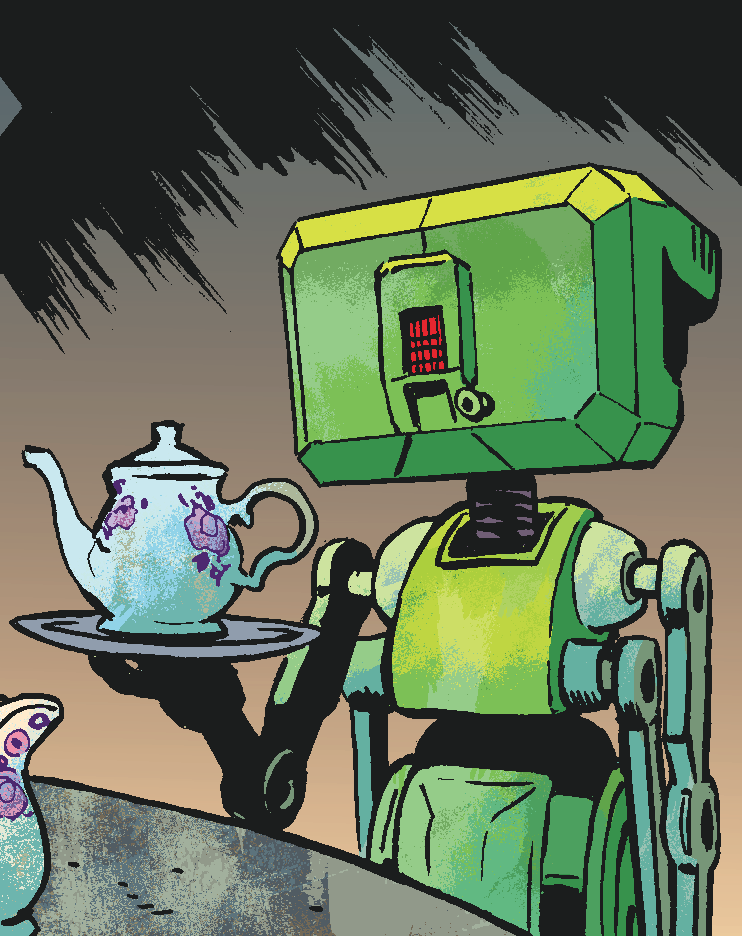 A robot with a green tank top and a computer screen head serving tea on a tray to a person, with a dark and shaded background.