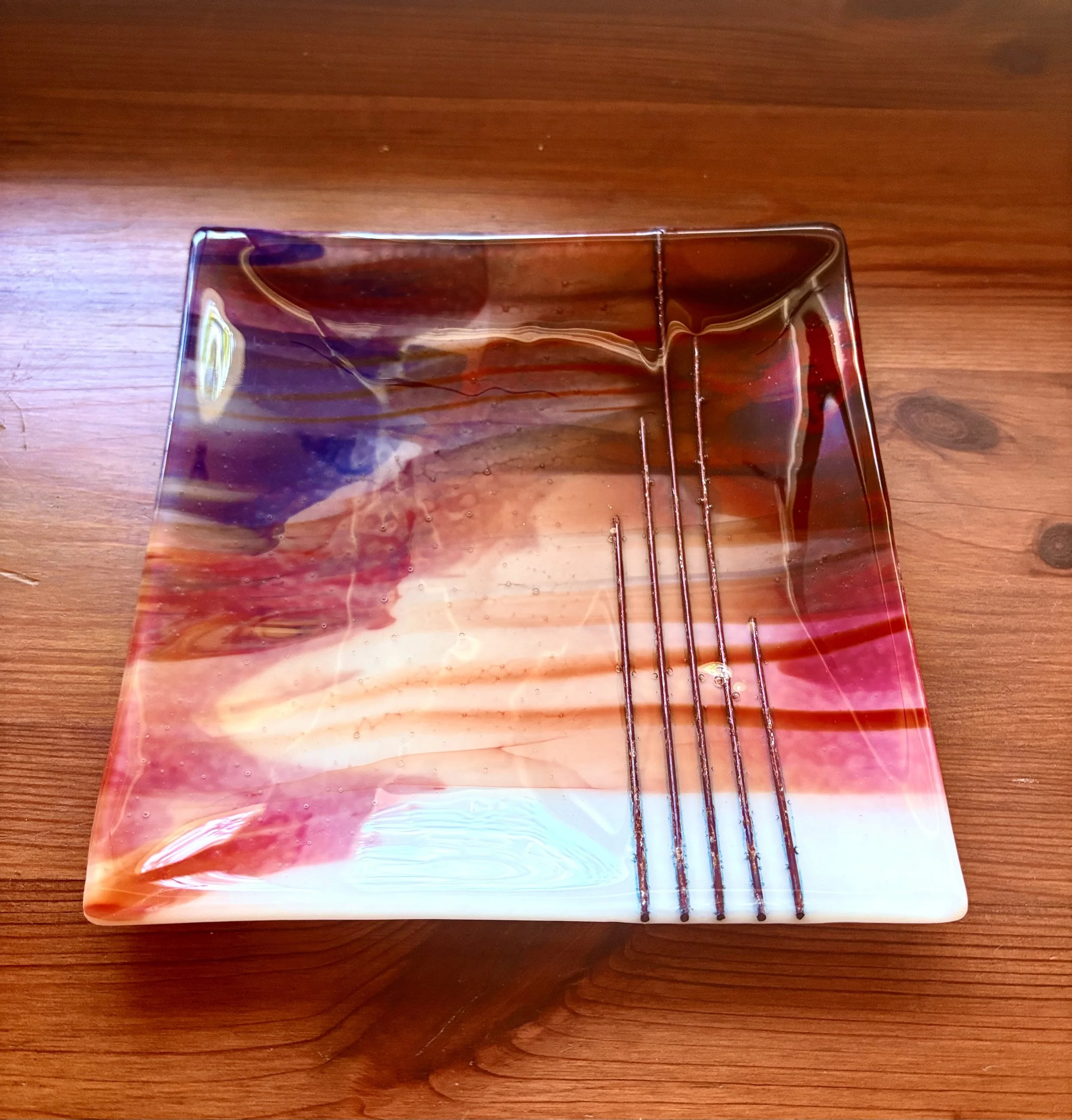 8.5 inch fused glass plate with copper inlay