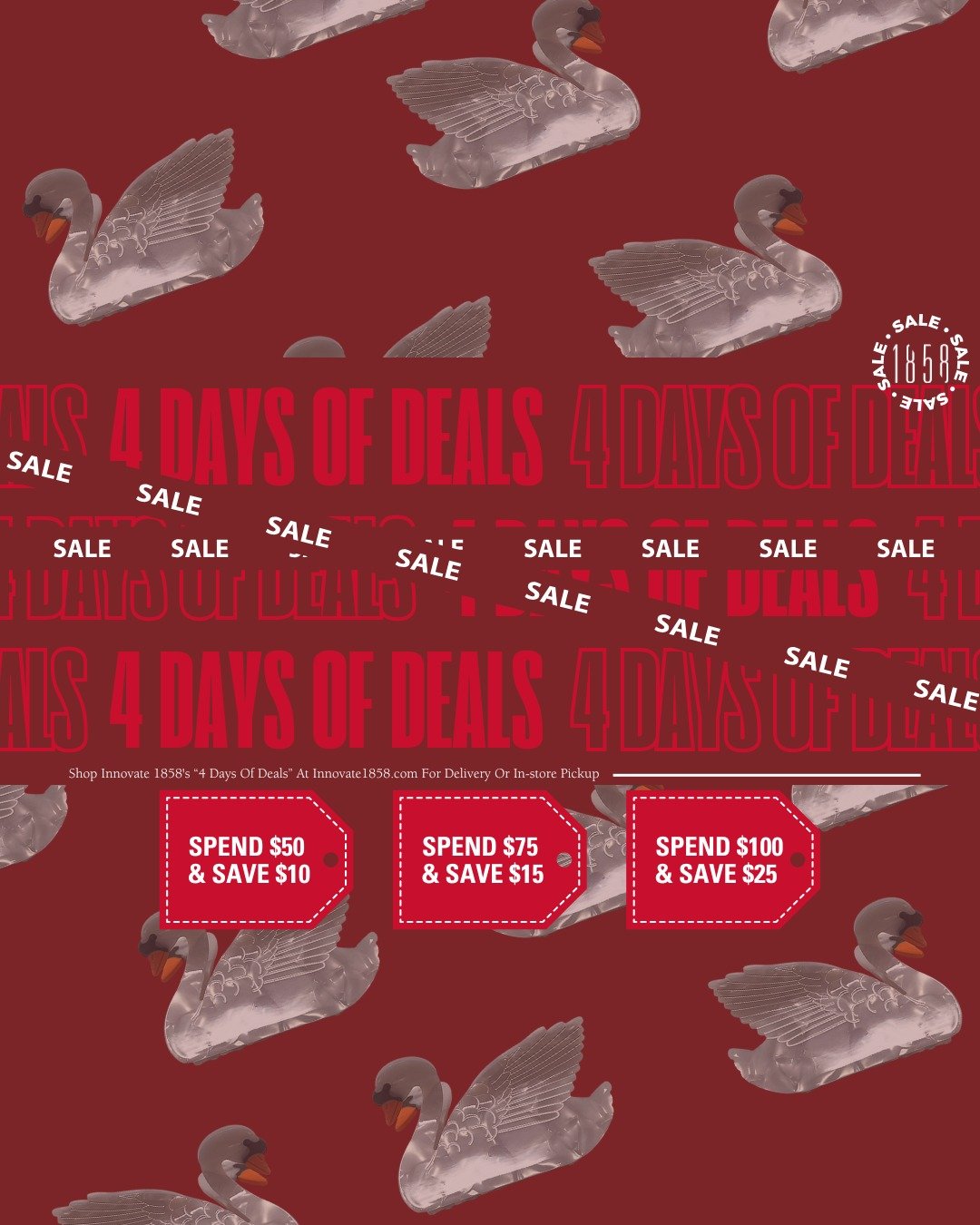 Black Friday is HERE at Innovate 1858! Shop 4 days of deals from 11/28 to 12/1 and snag the gifts you&rsquo;ve been eyeing. Load up your cart at innovate1858.com and save big all weekend long. 

Here's how you save:
&bull; Spend $50, get $10 off
&bul