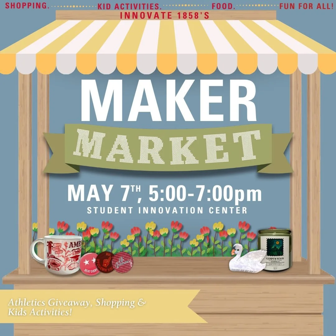 Join us tomorrow at Innovate 1858&rsquo;s Maker Market 🌷🛍️

Stop by the Student Innovation Center on May 7th from 5&ndash;7pm for shopping, food, kid activities, giveaways, and fun for all ages! Plus don&rsquo;t miss an exclusive athletics giveaway