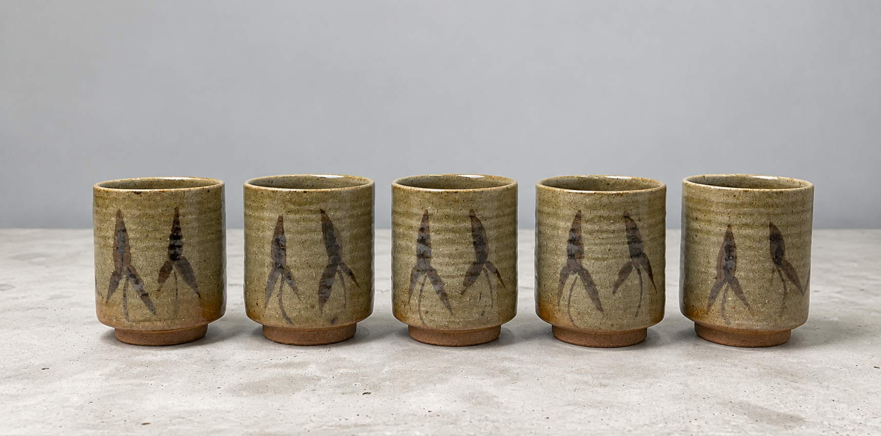 Set of Five Japanese Stoneware Yunomi with Signed Tomobako