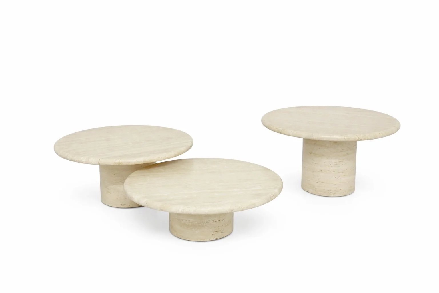 Set of Three Round Travertine Pedestal Tables · Italian School · Italy, c. 1970s