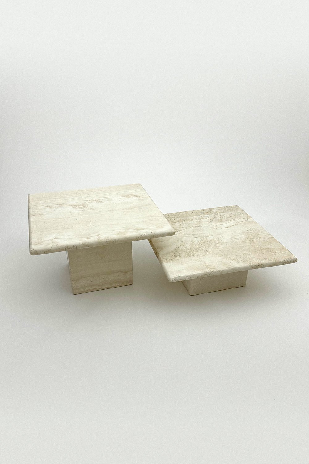 Pair of Vintage 1970s Italian Low Square Marble Tables with Retro Styling in Cream