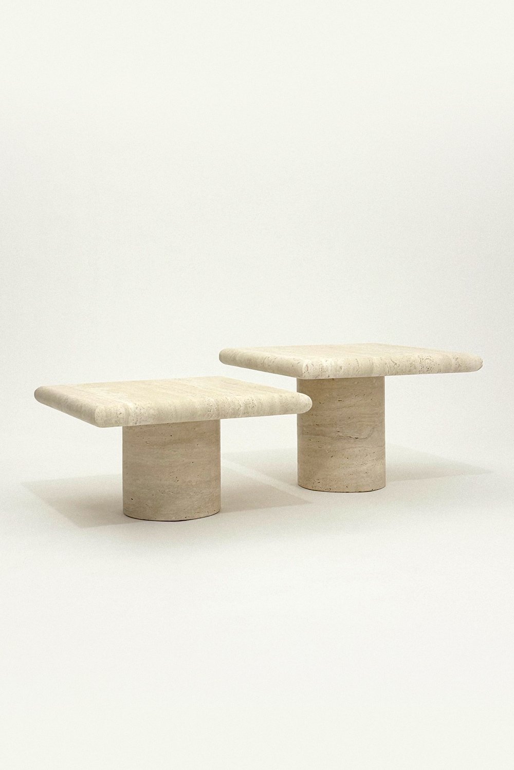 Angelo Mangiarotti Exclusive Travertine Table Set of 2 with Round Bases and Square Tops