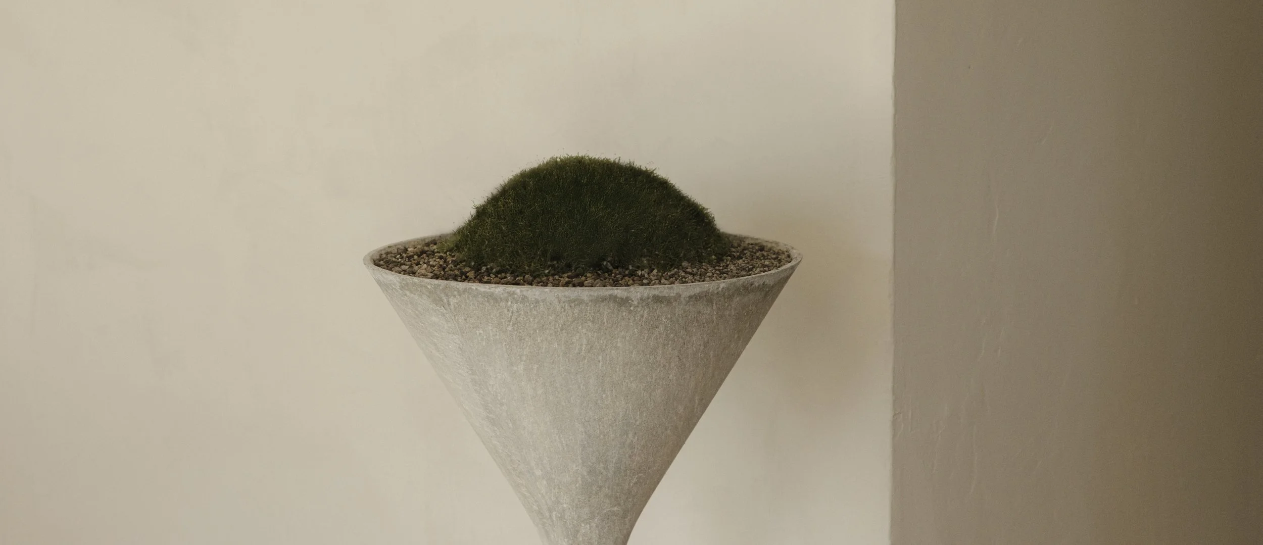 A sculptural Willy Guhl cone planter with a dome of green moss, curated for a minimalist interior design project by Valeria Viollaz.